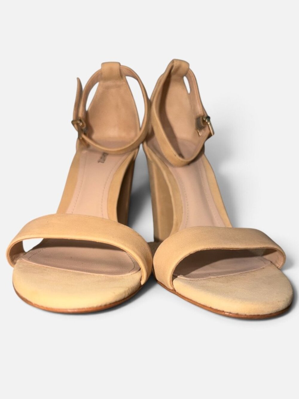 SCHUTZ Enida Heeled Sandal Womens 7.5 B Nude Nubuck Block Heel Neutral Lightwood - Picture 7 of 11